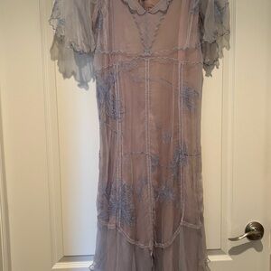 Nataya Downton Abbey Style Sheer Blue Embroidered Dress